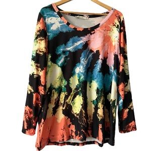 Sakurafina Women's 1XL Vibrant Splash‎ Blouse Tie Dye Colorful Stretch Casual